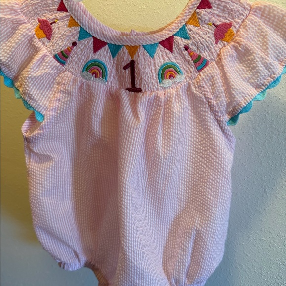 Mud Pie Other - Mud Pie 1st Birthday Pink Baby Romper with Rainbow Details